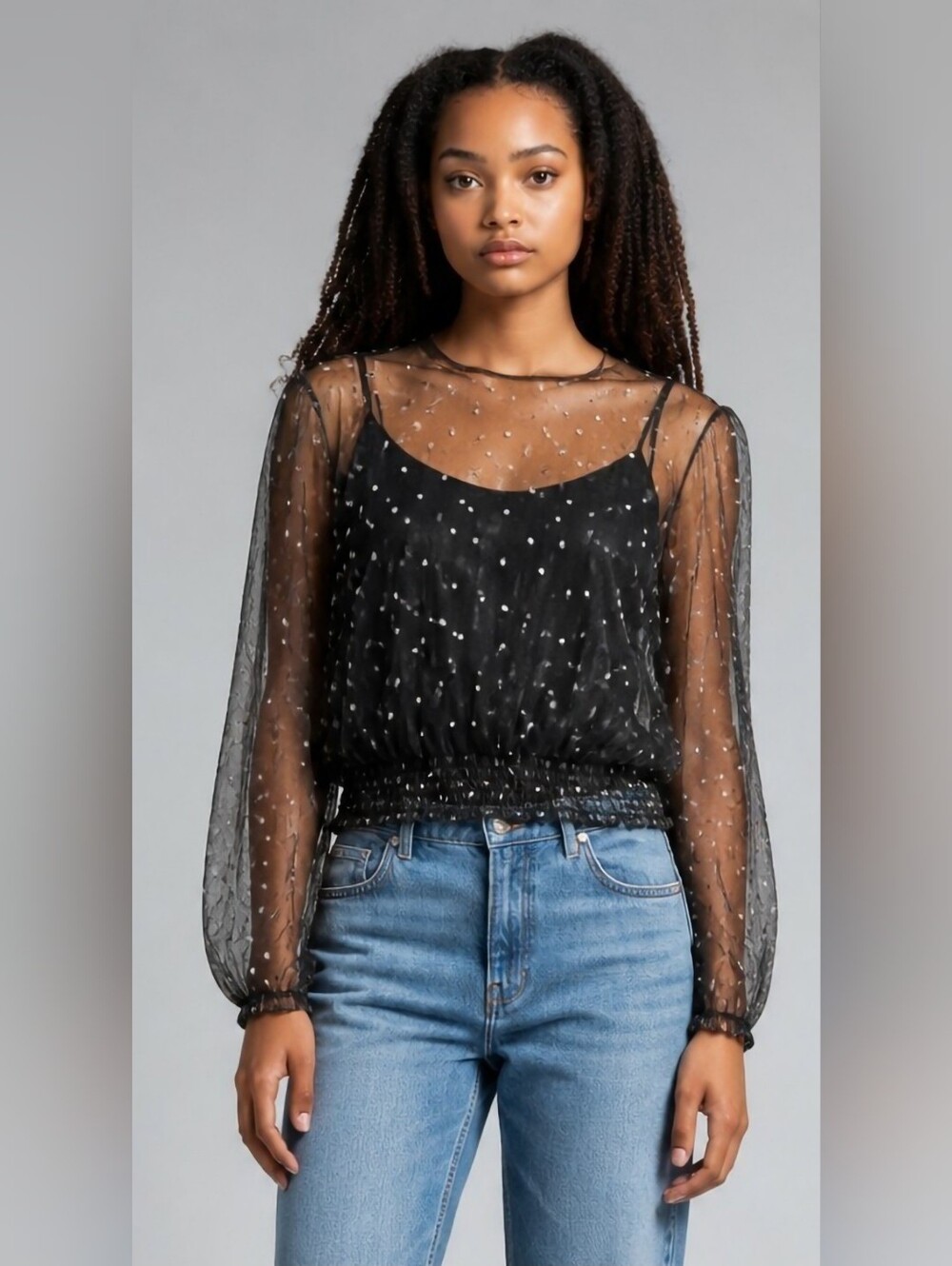 Ups & Downs Women’s Size 1X Black Sheer Mesh Beaded V-Neck Pullover 2 Pcs Blouse